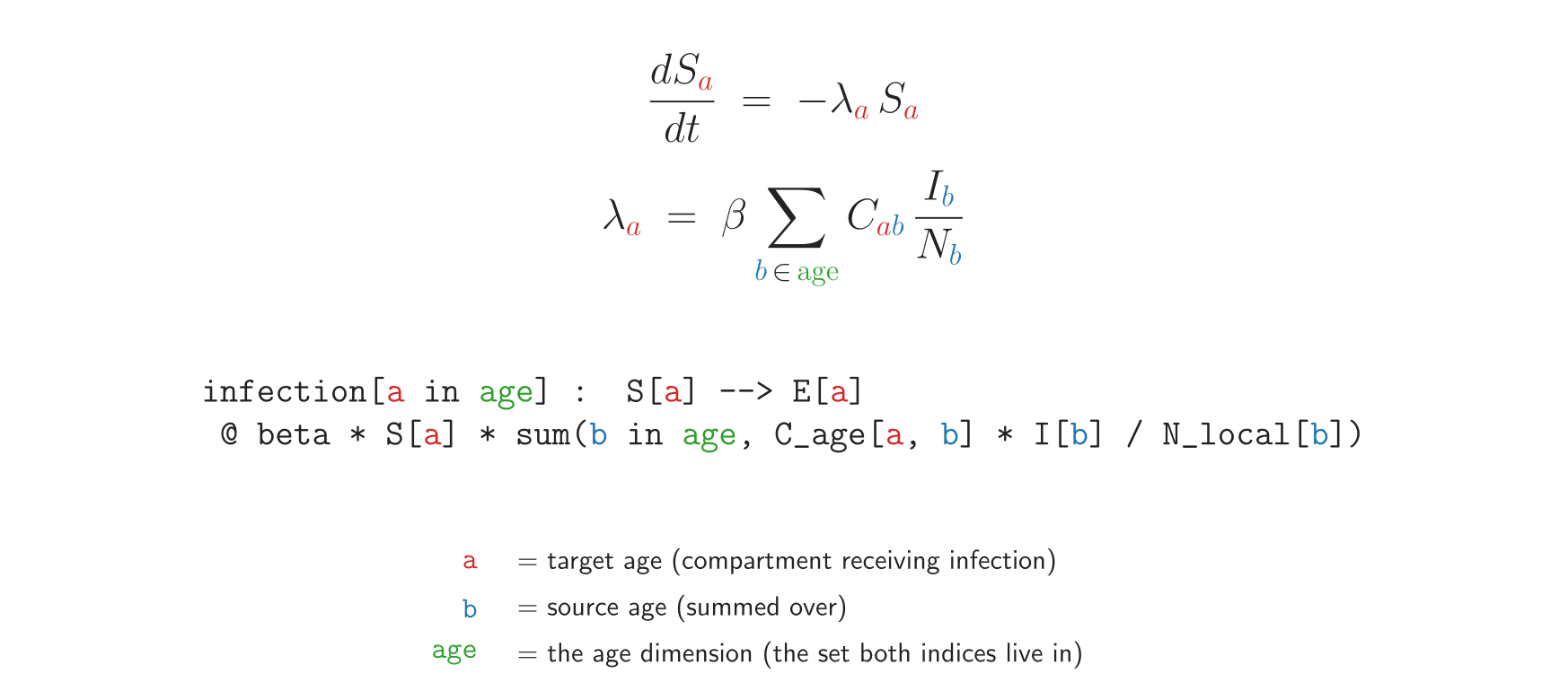 The age-stratified force-of-infection rule in two notations. Top: the textbook split form — the ODE for $S_a$ and the force of infection $\lambda_a$ as a contact-weighted sum over source ages. Bottom: the same rule expressed once in camdl; the compiler expands it per age class. Colors carry through both notations: target index $a$ (red), source index $b$ (blue), and the shared dimension age (green) — every red a in the math has a red a in the same role in the camdl, and ∑_{b ∈ age} matches sum(b in age, ...) exactly.
